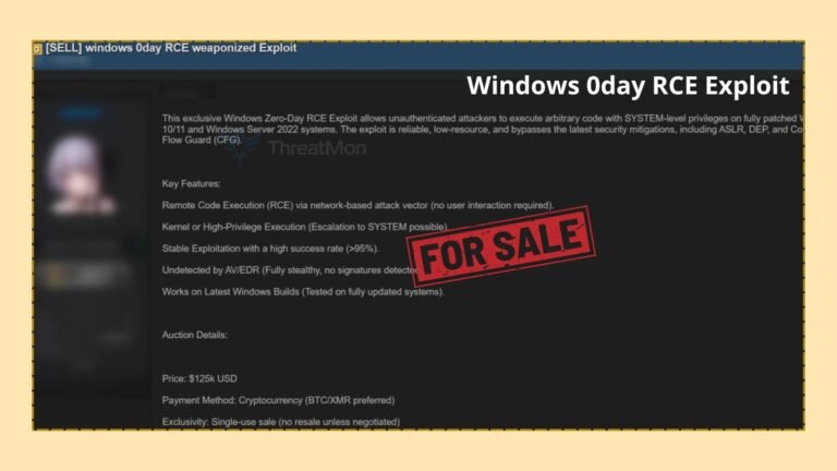 Threat Actors Offer Windows Zero-Day RCE Exploit for Sale on Dark Web